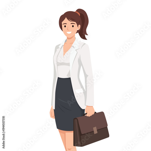 Confident Businesswoman Holding Briefcase Standing in Professional Office Attire. Flat vector illustration isolated on white background