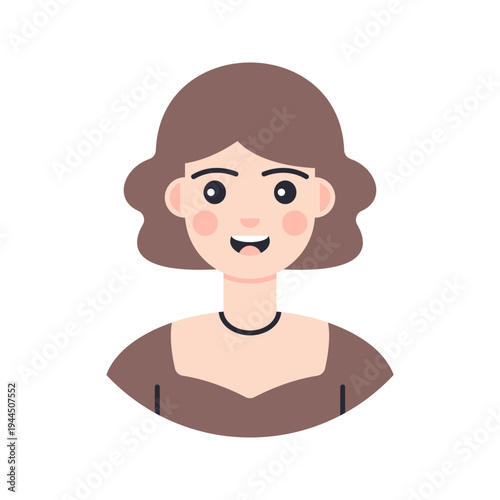 Female Avatar Short Hair Flat design style, smiling woman with short brown hairstyle representing a friendly female profile character, ideal for avatar sets, profile graphics, and app interfaces.
