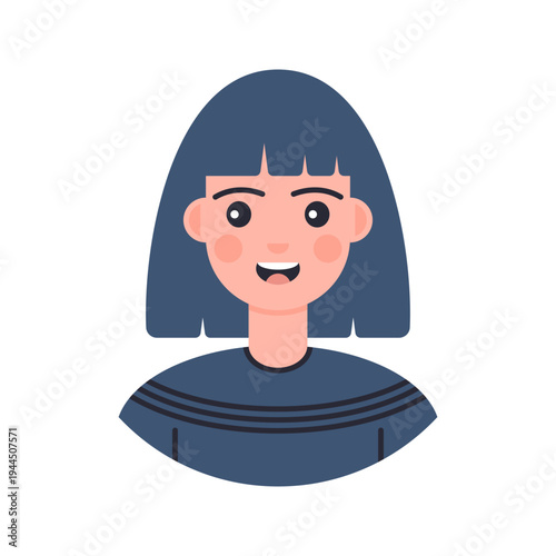 Female Avatar Straight Hair Flat design style, smiling woman with straight blue hair representing a modern female profile character, ideal for profile icons, websites, and mobile application avatars.