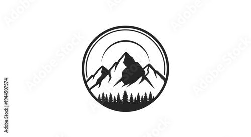 Minimalist mountain range logo design with pine trees and sun in a circular frame. Outdoor adventure and nature emblem icon.