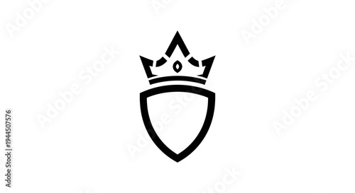 Minimalist black outline shield with crown icon. Symbol of protection, royalty, quality, and premium security graphic design.