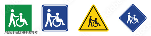 Multi-shaped signs showing an assistant pushing a wheelchair user. Green, blue, and yellow icons for information and warning. Flat vector symbols for hospital and public transport.