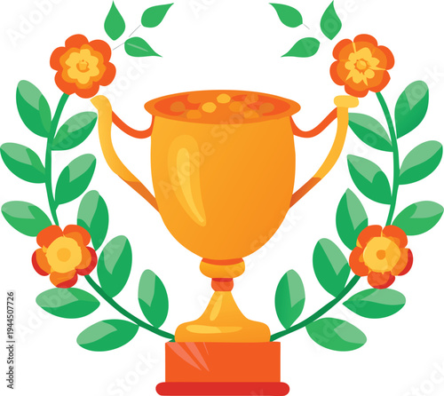 Golden Trophy with Floral Laurel Wreath and Orange Flowers Victory Symbol  Illustration