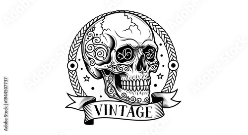 Vintage detailed ornamental skull illustration with intricate scrollwork, retro black and white design element for tattoo style graphics.