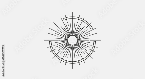 Geometric sunburst illustration with radiating lines and symmetrical arcs. Minimalist abstract design element, modern line art graphic.