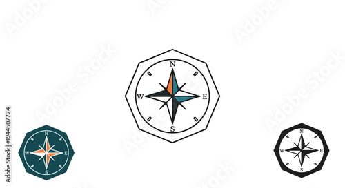 Compass rose icon set for navigation, travel, exploration, and direction. Flat vector symbols for adventure and guidance.