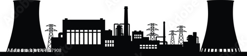 Black Silhouette of a Nuclear Power Plant and Industrial Factory with Cooling Towers Smoke Stacks and Electricity Pylons Isolated on White Background for Energy Concept