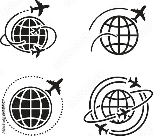black and white globe with airplanes flying around