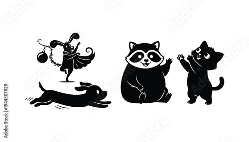 Animal silhouette vector illustration set with raccoon and cat