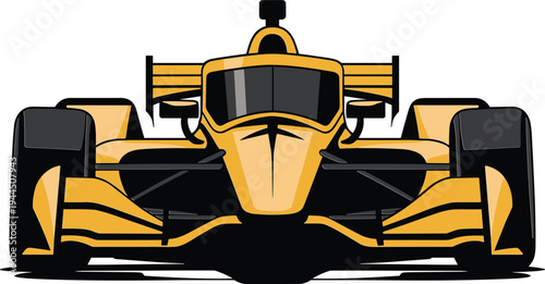 Formula racing car front view vector illustration, yellow F1 style race vehicle, motorsport speed machine, professional racing automobile design