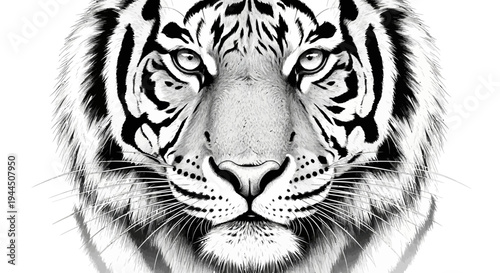 Captivating Black and White Tiger Face Illustration, Frontal View with Detailed Fur and Stripes, Wildlife Animal Art