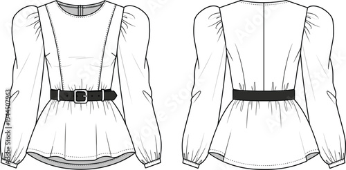 Elegant womens puff sleeve belted blouse fashion flat sketch, front back view technical drawing apparel design template isolated vector illustration