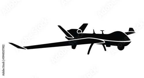 Black silhouette of a military drone aircraft viewed from a low angle