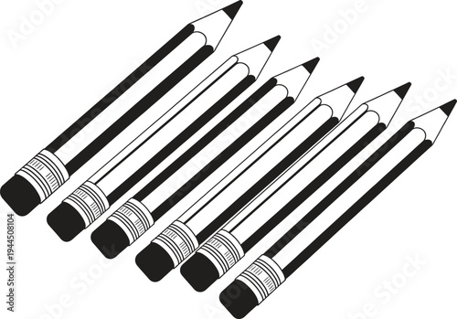 black and white illustration of several pencils in a row