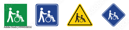Multi-shaped signs showing an assistant pushing a wheelchair user. Green, blue, and yellow icons for information and warning. Flat vector symbols for hospital and public transport.