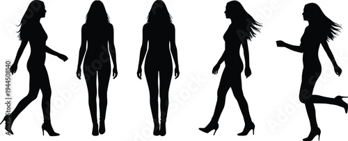 Black silhouette set of elegant young woman walking in high heels and slim fit clothes from different angles isolated on white background for fashion design