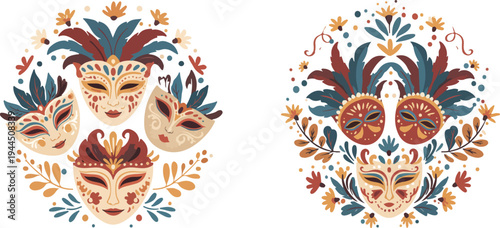 Vibrant symmetrical designs with floral patterns and animal masks on white background
