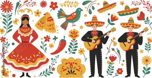 Traditional mexican folk art illustration of mariachi musicians and dancer in floral pattern