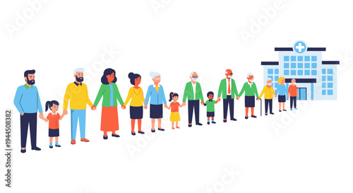 Diverse Multi-Generational Group Holding Hands in Line Towards Hospital. Community Healthcare Access, Family Support, and Public Health Concept.