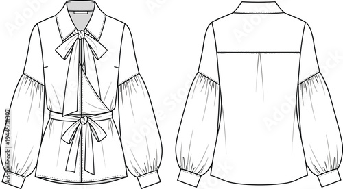 Women bow tie belted blouse technical fashion sketch, front and back view long sleeve apparel flat vector template
