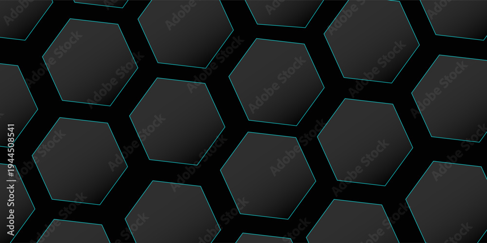 Obraz premium Abstract dark technology background with glowing blue hexagon pattern. Modern futuristic geometric design suitable for digital, tech, and innovation themes.vector illustration,
