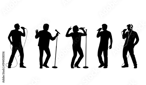 Professional singer silhouette collection with dynamic microphone performance poses vector