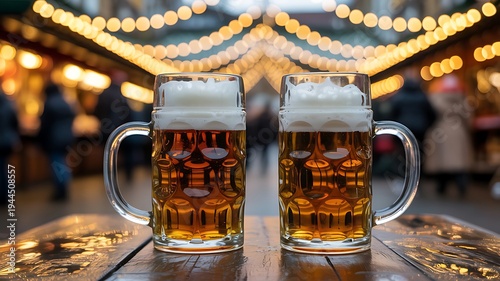 Two mugs of beer with foam on a wooden table at an outdoor event