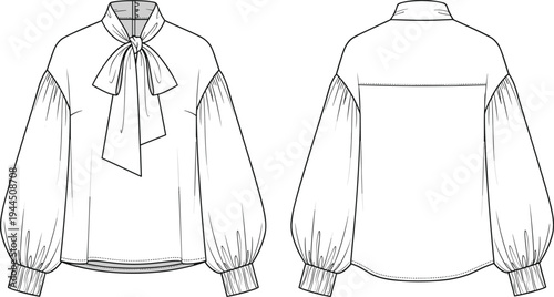Women bow tie neck blouse fashion technical drawing, front and back view long sleeve apparel vector template design