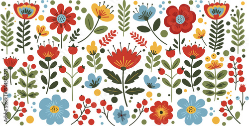 Vibrant colorful flowers and leaves on white background in whimsical illustration style