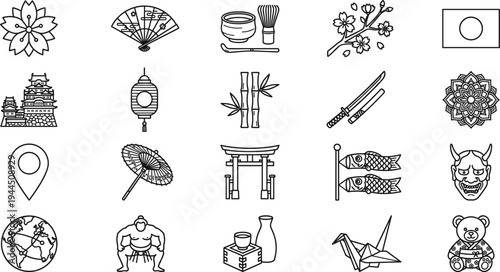 Japanese culture line icon set with sakura fan lantern torii katana geisha symbols traditional Japan outline vector illustration collection
