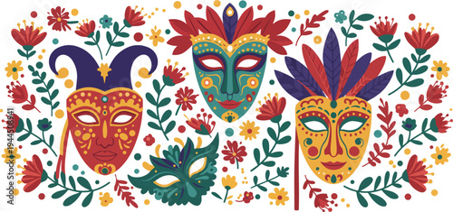 Vibrant colorful masks surrounded by flowers and foliage in a festive arrangement