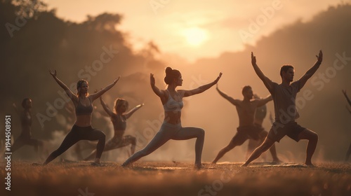 People practicing yoga warrior series in misty park at sunrise