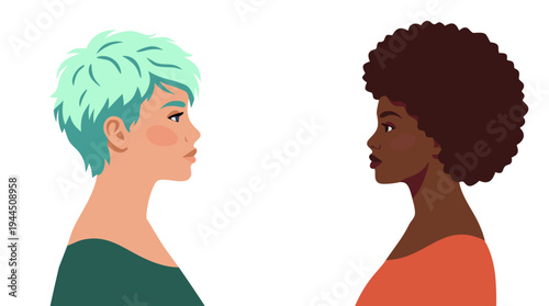 Multicultural women portraits in profile. Diverse female characters with different hairstyles and skin tones. Women diversity and representation concept. Modern flat vector illustration.