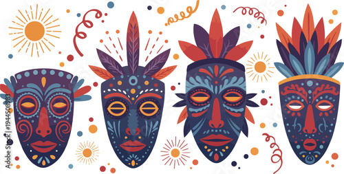 Four colorful tribal masks with feathers and face paint on white background