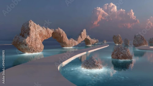 Wallpaper Mural Surreal landscape of floating stone structures, a pathway across water, and pink-hued clouds Torontodigital.ca