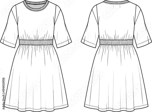 Women elastic waist midi dress fashion technical drawing, front and back view short sleeve apparel vector template