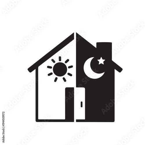 Day and Night House Icon – Sun Moon Time Management Concept