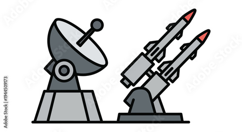 Illustration of a radar dish and two missiles depicted in a flat graphic style