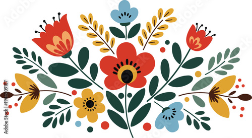 Colorful floral arrangement with red orange yellow and blue flowers and leaves on white background