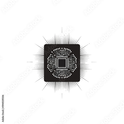 Abstract illustration of a central processing unit with radiating lines on a white background, symbolizing technology and innovation.