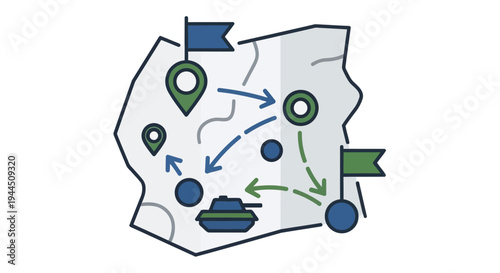 Illustrated map with flags markers arrows and a tank depicting a journey or strategy