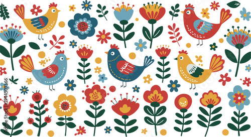 Colorful illustration of birds and flowers on white background with vibrant petals and leaves