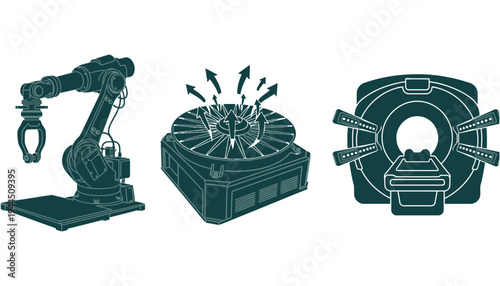 Industrial robot arm and medical CT scanner vector illustrations with turbine