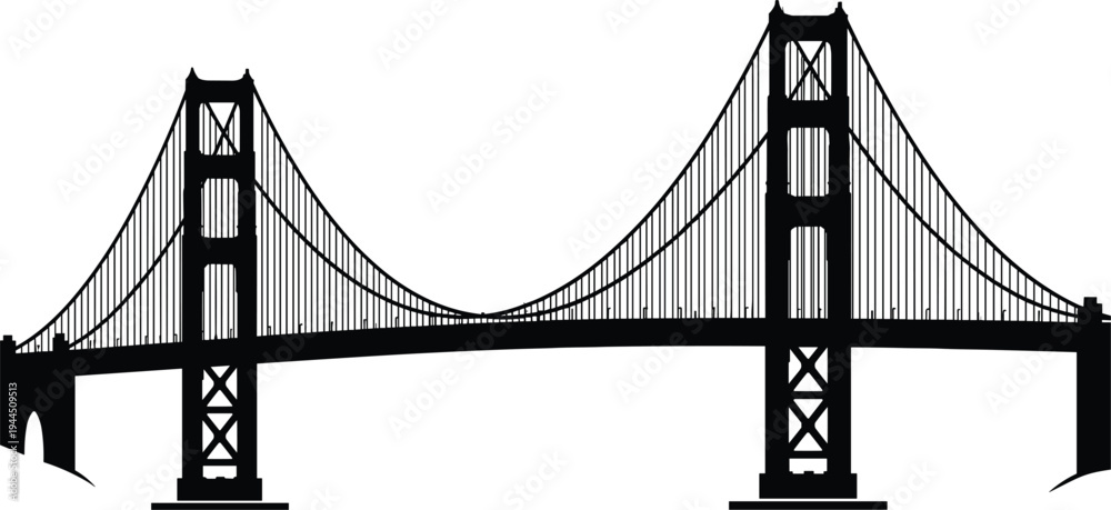 Obraz premium Golden Gate Bridge silhouette illustration, famous San Francisco suspension bridge landmark, California travel destination icon, American engineering architecture skyline vector design