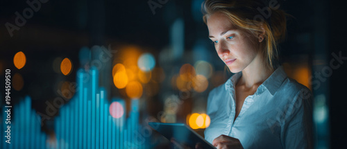 A focused woman interacts with her tablet, illuminated by digital graphs in a modern urban setting, showcasing her engagement with technology and data analysis.
