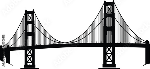Golden Gate Bridge silhouette illustration, famous San Francisco suspension bridge landmark, California travel destination icon, American engineering architecture skyline vector design