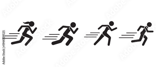 Fast running man and woman icon, runner, race, finish logo symbol, people, person, vector illustration