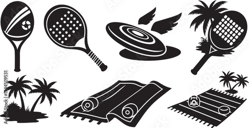 Black and white beach tennis icons and symbols set