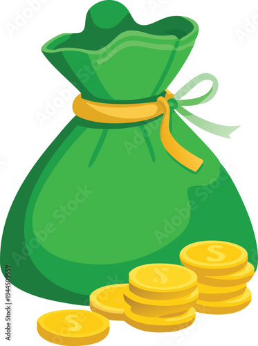 Green Money Bag with Gold Coins Stacked and Scattered Financial Success Concept  Illustration