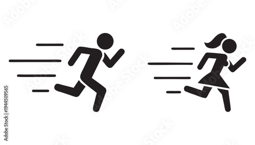 Fast running man and woman icon, runner, race, finish logo symbol, people, person, vector illustration